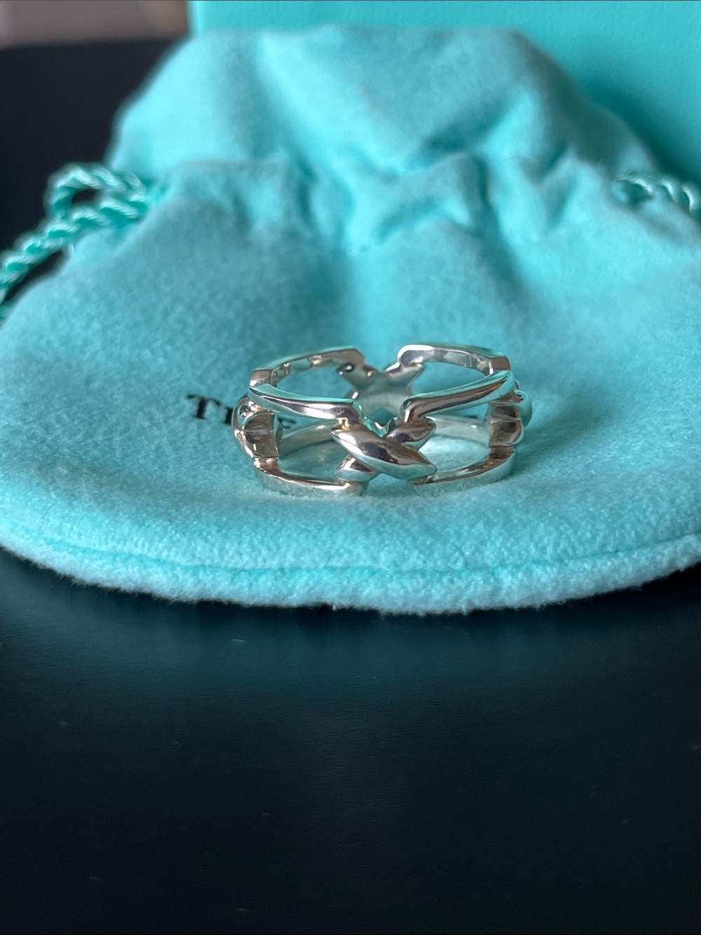 Tiffany & Co. Silver Signature Link X Band Ring Size 7